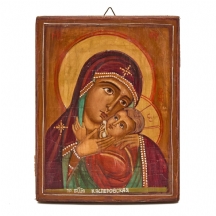 איקונה רוסית, מצוירת ביד על לוח עץ, חתום