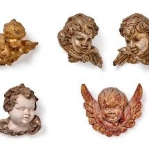 5 ראשי מלאכים לתלייה על הקיר, חומרים ודגמים שונים (חרס ועץ מגולף)