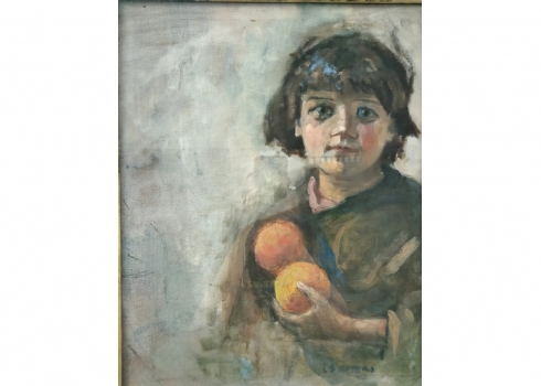 'ילדה ושני תפוזים' - ציור שמן על בד, חתום