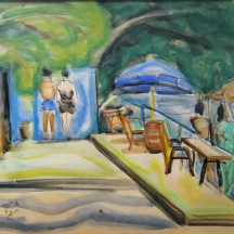 ציונה תג'ר (1988 - 1900, Ziona Tajer) - מתרחצים בכנרת, רישום וקוורל על נייר