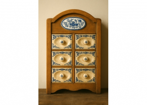 ארונית תבלינים למטבח עשוייה עץ ומגרות חרסינה מעוטרות