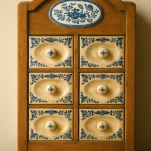 ארונית תבלינים למטבח עשוייה עץ ומגרות חרסינה מעוטרות