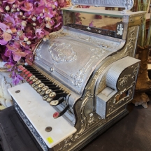 קופה רושמת אמריקאית עתיקה מהמאה 19, עשויה ברונזה, זכוכית ומשטח שיש