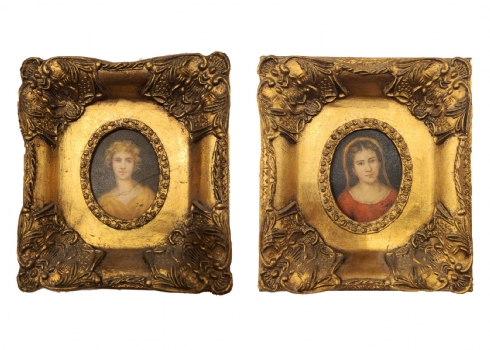 זוג תמונות בסגנון עתיק שמן על לוח נתונות במסגרות מוזהבות