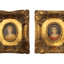 זוג תמונות בסגנון עתיק שמן על לוח נתונות במסגרות מוזהבות