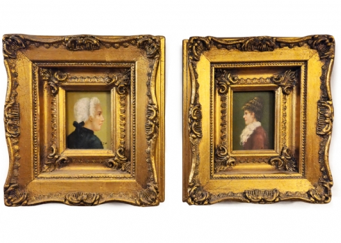 זוג תמונות בסגנון עתיק שמן על לוח נתונות במסגרות מוזהבות