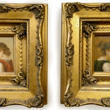 זוג תמונות בסגנון עתיק שמן על לוח נתונות במסגרות מוזהבות