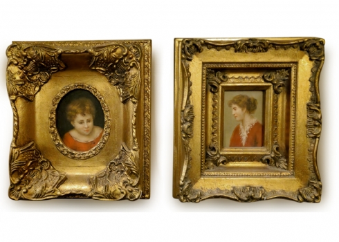 זוג תמונות בסגנון עתיק שמן על לוח נתונות במסגרות מוזהבות