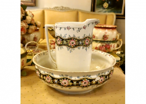 סט רחצה לטואלט - כד וקערה אנגלים עתיקים ויקטוריאנים, חתומים