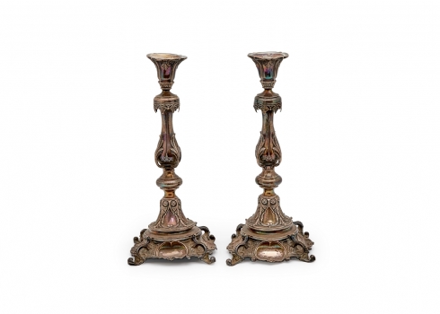 זוג פמוטים עתיקים עשויים כסף וחתומים בחותמת כסף 84 וחותמות ייבוא לקייב / רוסיה