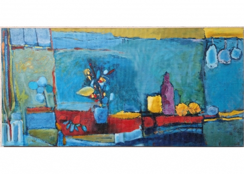 ישראל זיו- טבע דומם עם בקבוק סגול, שמן על בד מוצמד ללוח, חתום