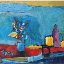 ישראל זיו- טבע דומם עם בקבוק סגול, שמן על בד מוצמד ללוח, חתום