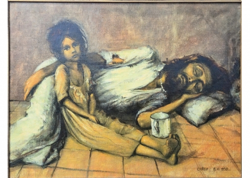 יורם לוקוב (נ. 1940, Yoram Lokov) - קבצן עם ביתו, שמן על בד צרפתי