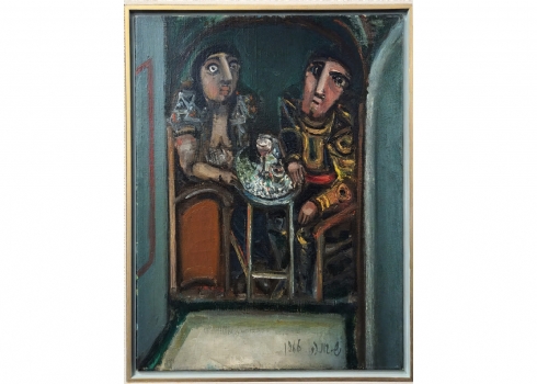 שמואל בונה (1930-1999) זוג וכוס יין, שמן על בד חתום ומתוארך 1966