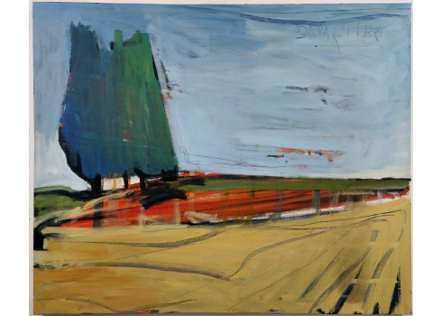 יגאל ורדי - שלושה ברושים בנוף, שמן על בד, חתום ומתוארך 2002