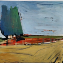 יגאל ורדי - שלושה ברושים בנוף, שמן על בד, חתום ומתוארך 2002