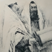 'שני יהודים מתפללים' ליטוגרפיה חתומה בעיפרון ומתוארכת 1968