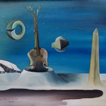 גדעון אופנהיים- אובליסק וקונטרבס בנוף פנטסטי, ציור סוריאליסטי, שמן על לוח