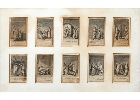 10 תחריטים גרמנים עתיקים מהמאה ה-18 מתוך המחזה 'Nicht mehr als sachs Schuesseln'