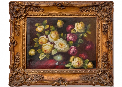 'פרחים' - ציור בסגנון עתיק שמן על בד, לא חתום, נתון במסגרת נאה