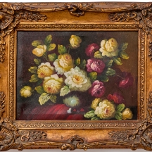 'פרחים' - ציור בסגנון עתיק שמן על בד, לא חתום, נתון במסגרת נאה