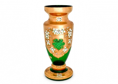 אגרטל זכוכית מורנו איטלקי גדול ויפה, עשוי זכוכית אמרלד קישוטי אמייל בולט וזהב