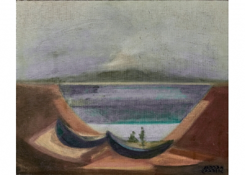 אברהם גולדברג (Avraham Goldberg) שתי סירות דייגים, שמן על בד צרפתי, חתום