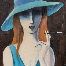 אברהם פת - 'אישה מעשנת עם כובע כחול' שמן על בד צרפתי, חתום ומתוארך 1976