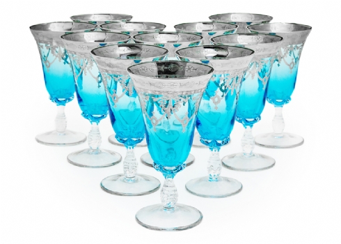 12 כוסות זכוכית מורנו בצבע תכלת עיטורי כסף חתומות