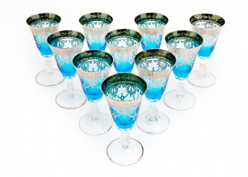 10 כוסות זכוכית מורנו זכוכית בצבע תכלת מעוטרות בכסף, חתומות