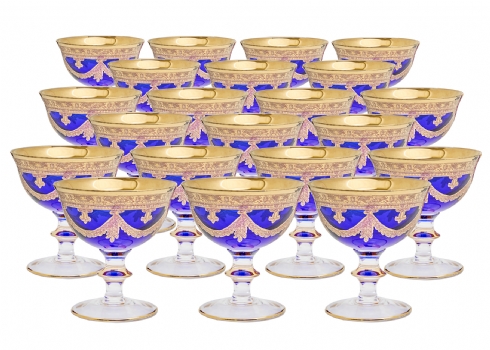 20 קעריות פונצ', עשויות זכוכית בצבע כחול מעוטרות בזהב
