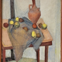 'טבע דומם עם כד מים חבושים ותפוחים על מפה אפורה' - שמן על לוח עץ, חתום 'אליהו'