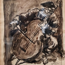 'נגן הקונטרבס' - אקוורל על נייר, חתום