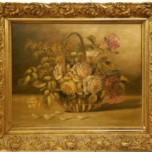 פרחים בסלסילת קש - ציור שמן על בד לא חתום נתון במסגרת נאה