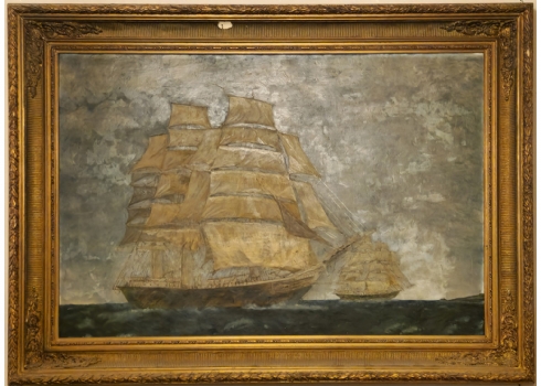 אוניות מפרש - שמן על לוח לא חתום, נתון במסגרת עתיקה נאה