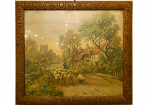 רועה צאן ועדר כבשים - הדפס של ציור עתיק