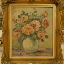 שושנים וכד לבן - ציור שמן על לוח חתום