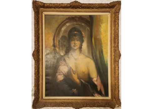 אשה ומראה אובלית - ציור שמן על בד, חתום, נתון במסגרת נאה