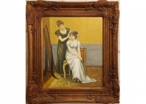 שתי נערות מול מראה - ציור שמן על בד, לא חתום, נתון במסגרת נאה