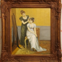 שתי נערות מול מראה - ציור שמן על בד, לא חתום, נתון במסגרת נאה