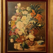 טבע דומם עם ציפור וקערת פורצלן - ציור שמן על בד חתום ומתוארך 1970