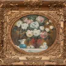 שושנים בכד אדום, ציור גדול ומרשים נתון במסגרת נאה, שמן על בד