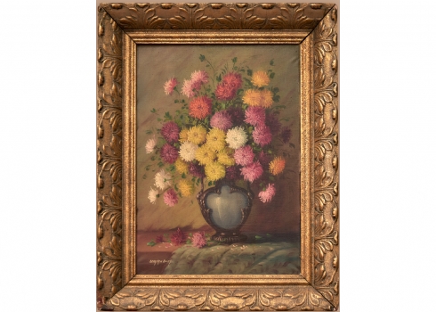 פרחים באגרטל כחול שמן על בד, נתון במסגרת נאה, חתום