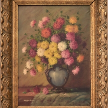 פרחים באגרטל כחול שמן על בד, נתון במסגרת נאה, חתום