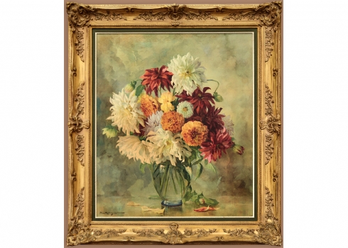 פרחים בכד זכוכית שקוף, הדפס על לוח, חתום בפלטה