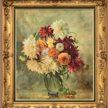 פרחים בכד זכוכית שקוף, הדפס על לוח, חתום בפלטה