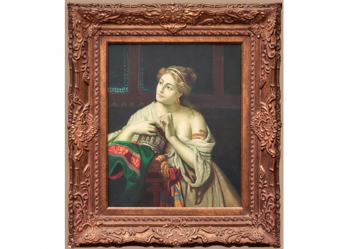 פורטרט נערה חולמנית שמן על בד, נתון במסגרת נאה