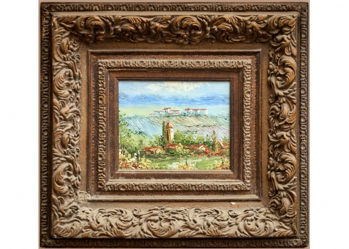 צריח בכפר, ציור שמן על בד נתון במסגרת מרשימה