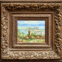 צריח בכפר, ציור שמן על בד נתון במסגרת מרשימה