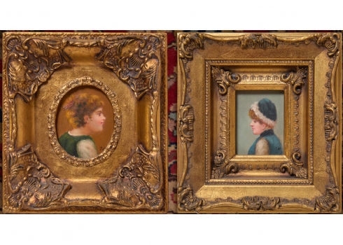 זוג ציורים בסגנון עתיק, שמן על לוח, נתונים במסגרות נאות